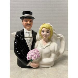 Vintage 1994 Hand Painted Ceramic Bride Groom Teapot Omnibus for Fitz & Floyd